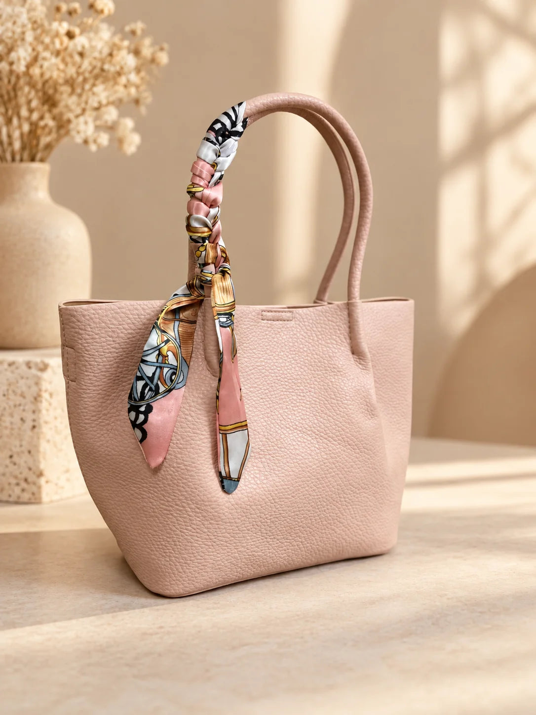 Bolsa Blush rosa nude com lenço de seda na asa