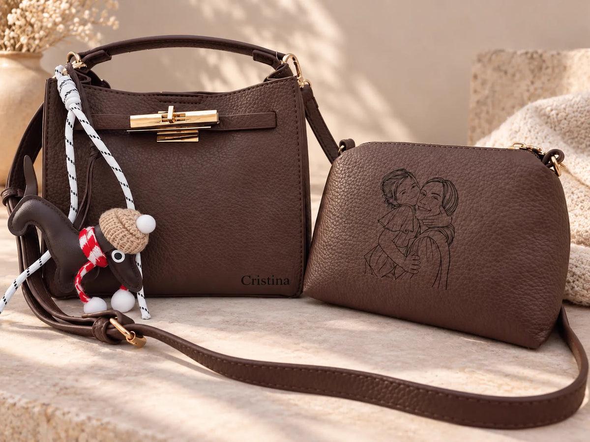 Bolsa Éclat castanho escuro com necessaire de gravação personalizada de imagem