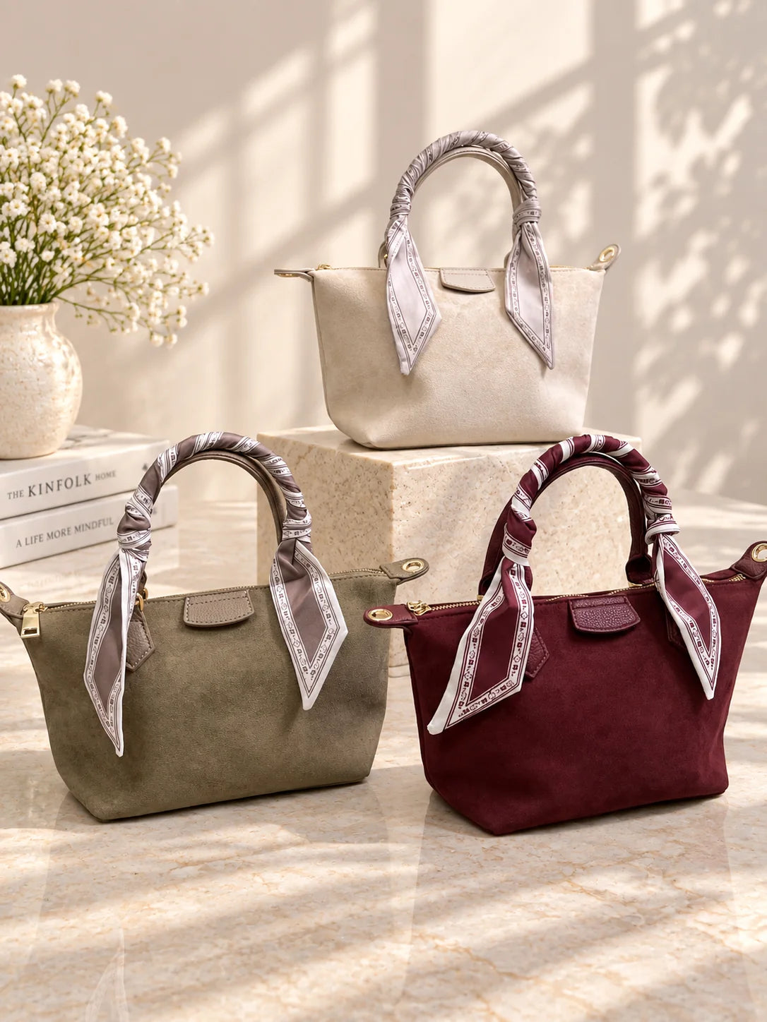Bolsas Mia nas cores bege, verde oliva e bordô